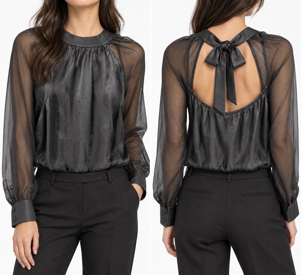 Abercrombie & Fitch Black Sheer Sleeves Open Back Bodysuit Size SP Petite Dressy